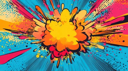 Vibrant explosion graphic with dynamic lines and color splashes.