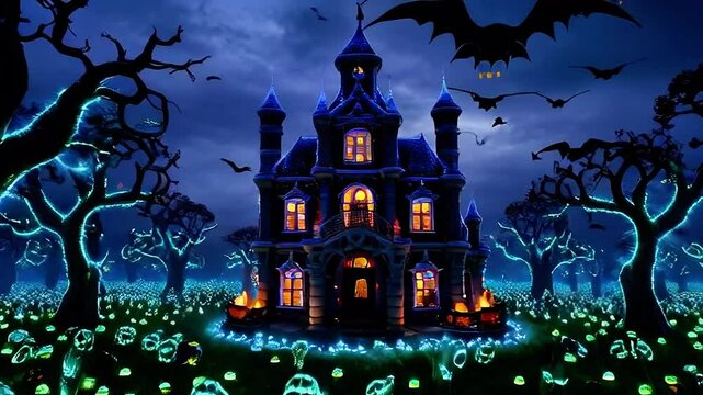 Creppy Horror Haunted Mansion Floating Above Glowing Pumpkin Patch with Bioluminescent Trees, Swirling Bats, and Ghostly Apparitions &ndash; Whimsical Halloween Fantasy Architecture