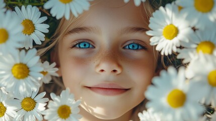 Young Girl Surrounded By Daisies In A Field