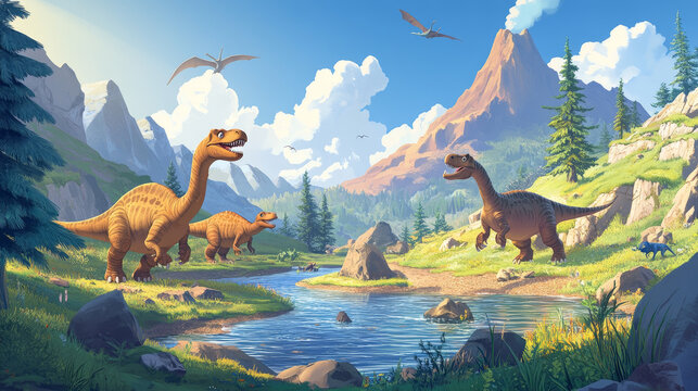 Cartoon dinosaurs drinking water from river on sunny day. Vector cartoon illustration of ancient Jurassic era animals on tropical landscape with volcano eruption. Prehistoric adventure game background