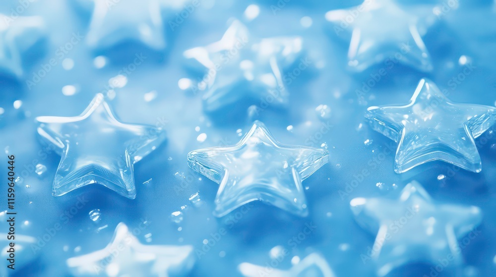 Poster close-up of many translucent light blue star shapes on a wet surface.