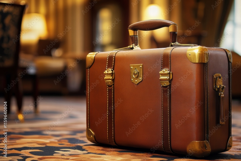 Aufkleber Luxurious leather suitcase with golden hardware resting elegantly in a stylish interior space. Generative AI