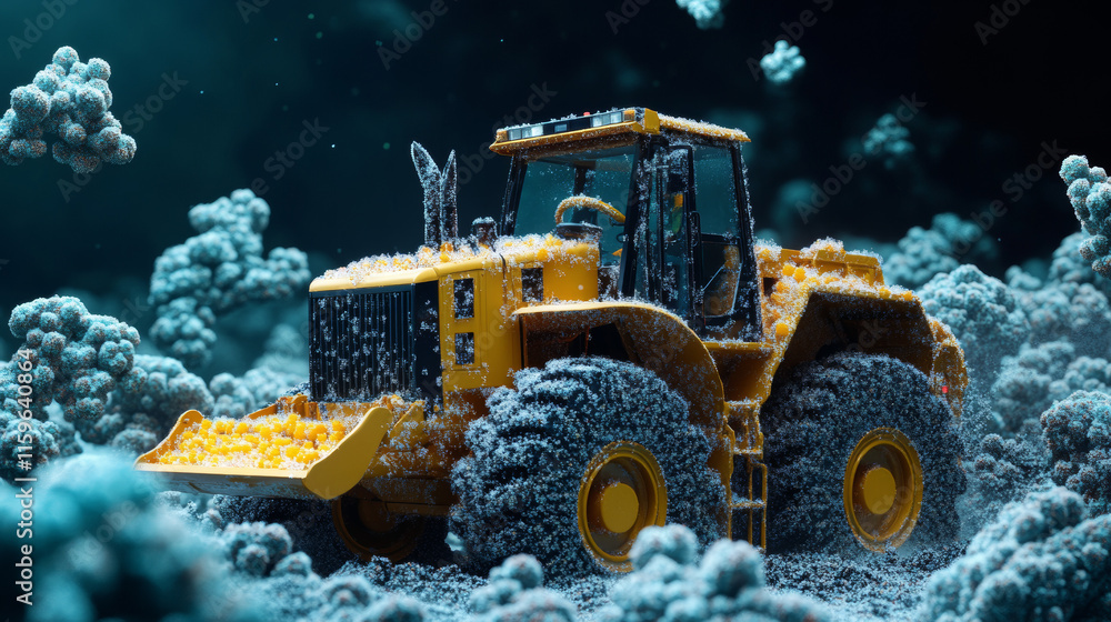 Poster front loader from the particles. construction equipment is scattered on small molecules. vector illu