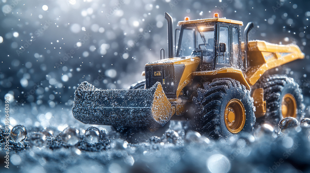 Poster front loader from the particles. construction equipment is scattered on small molecules. vector illu