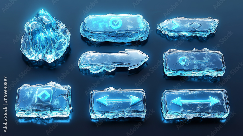 Poster ice buttons for ui game, gui elements isolated on white background. vector cartoon kit of blue froze