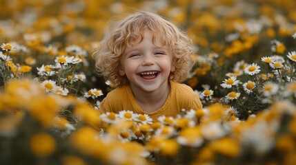 Happy Child Laughing Amongst Yellow Flowers