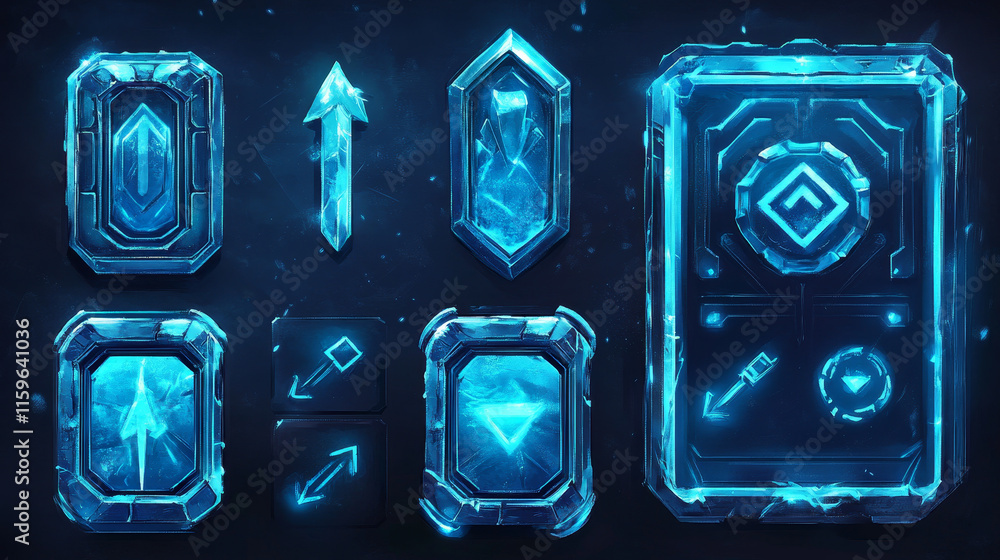 Poster ice buttons for ui game, gui elements isolated on white background. vector cartoon kit of blue froze