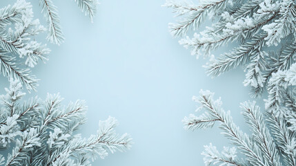 Obraz premium Delicate white pine branches and snowflakes forming a frame on pale blue, serene winter-inspired background. Frostweave. Illustration