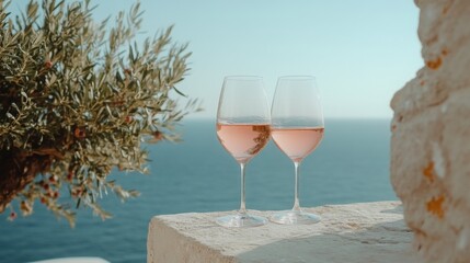Cold rose Provencal wine in glass served in sunlights on outdoor terrace with view on old fisherman's harbour