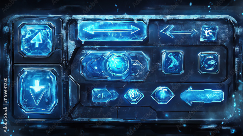 Poster ice buttons for ui game, gui elements isolated on white background. vector cartoon kit of blue froze