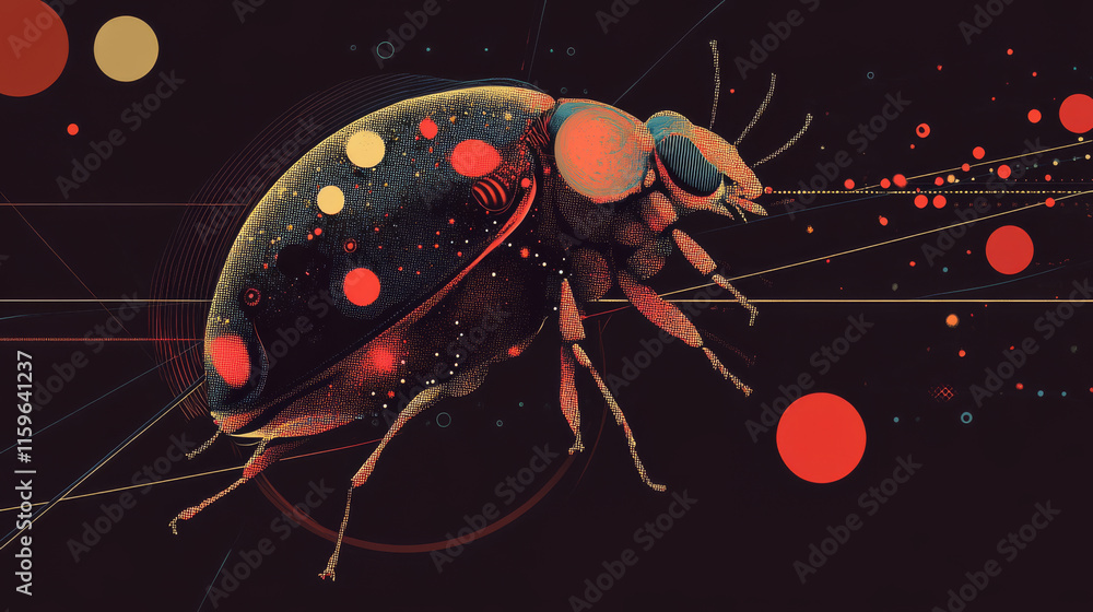 Poster a hologram of a ladybug. a ladybug made of polygons, triangles of dots and lines. ladybug low poly c