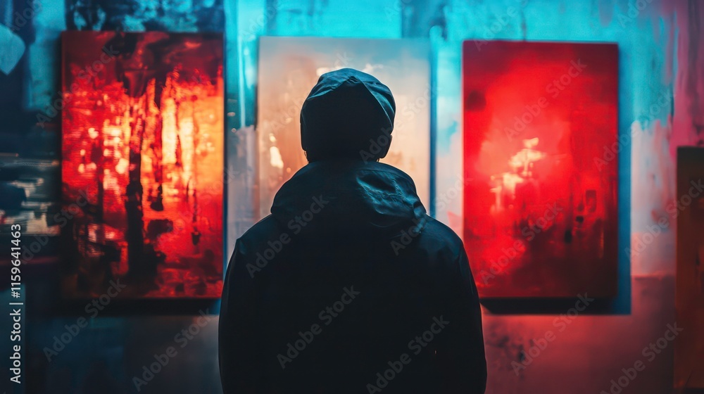 Poster man admiring abstract paintings in art gallery.