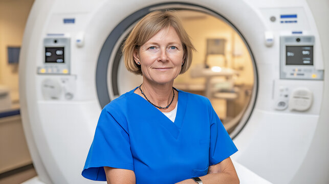 Confident middle-aged female radiologist standing in front of an MRI scanner, wearing blue scrubs in diagnostic center.