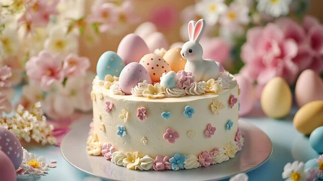 Delightful easter cake with bunny and eggs amidst blossoming spring flowers