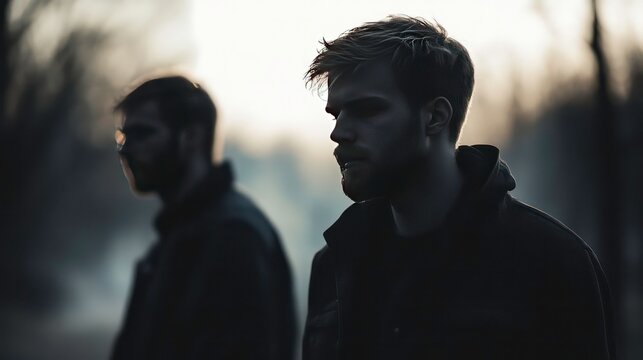 Two young men silhouetted against a hazy forest background at sunset.