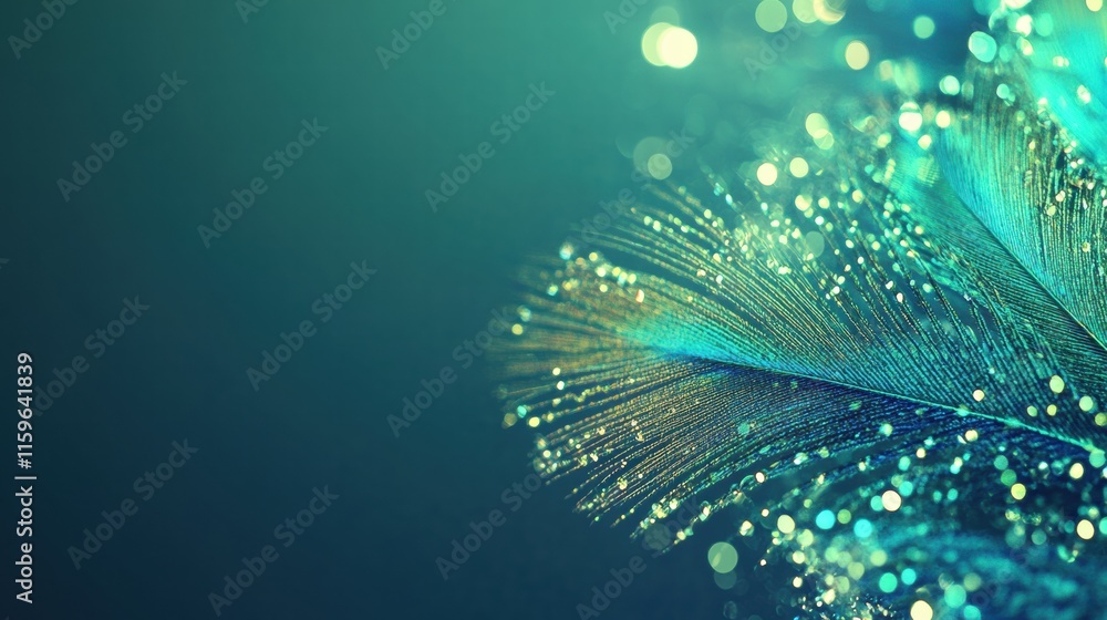 Fototapete Close up view of a vibrant peacock feather adorned with dew drops showcasing a stunning array of colors. Generative AI