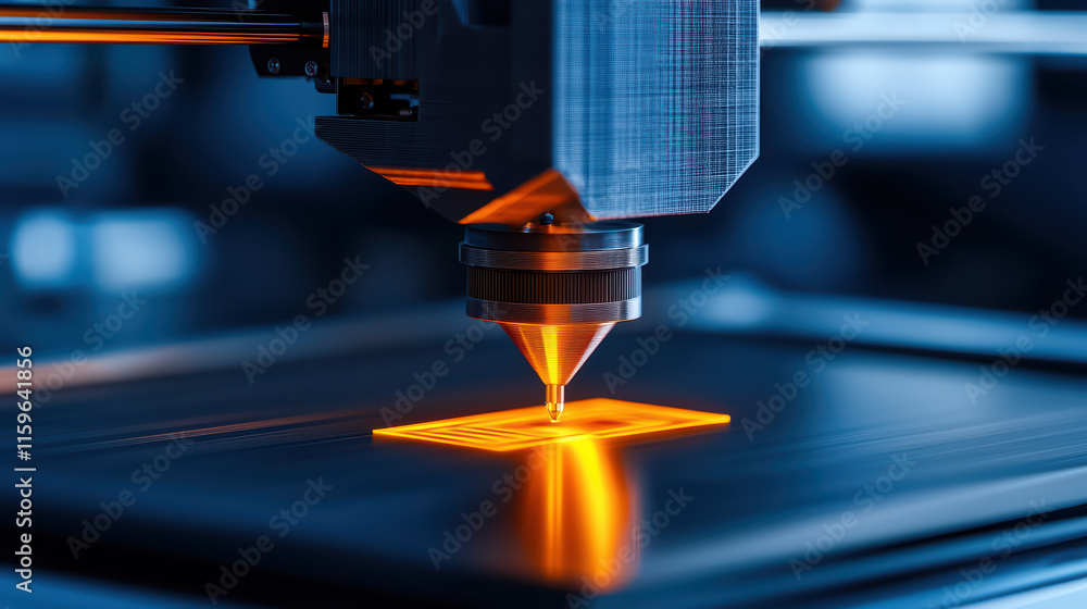 Poster close up of 3d printer nozzle creating detailed design on surface, showcasing precision and technolo