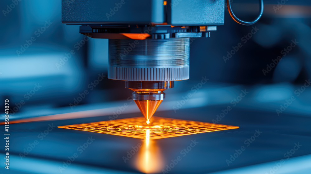 Poster close up of 3d printer nozzle creating intricate designs with orange light. precision and technology
