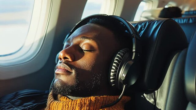 Peaceful airplane journey: relaxed passenger resting with headphones in sunlight