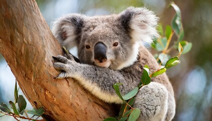 Obraz premium Endearing Koala Snuggled in a Sinuous Eucalyptus Tree Under a Gentle Spring Breeze
