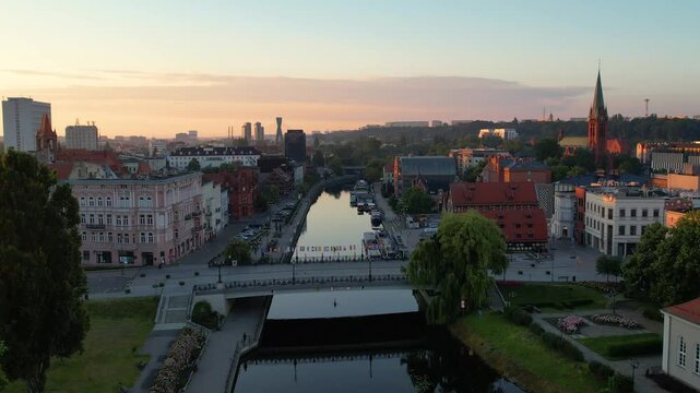 Drone flight along the Brda River in the old town of Bydgoszcz