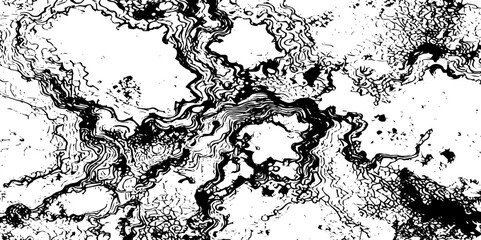 Abstract grunge black and white wavey stylized topographic lines in contour map background.