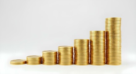 Stacks of Gold Coins Increasing in Height on White Background