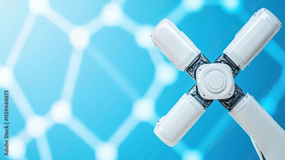 Poster close up of robotic arm showcasing advanced technology and precision. background features network pa