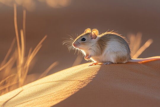 Detailed DSLR photo of kangaroo rat on sand dune at sunset