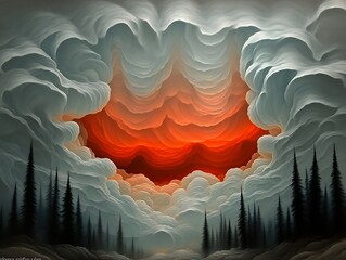 Serene Sunset Through Dreamlike Cloudscape Over Silhouetted Pines