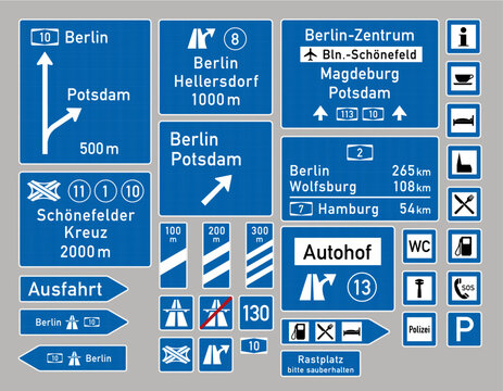 Deutsche Autobahnschilder, Wegweiser, Ank&uuml;ndigungstafeln als Vektoren-Set mit zus&auml;tzlich editierbaren Textfl&auml;chen