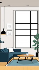 Modern minimalist living room with stylish furniture and large window