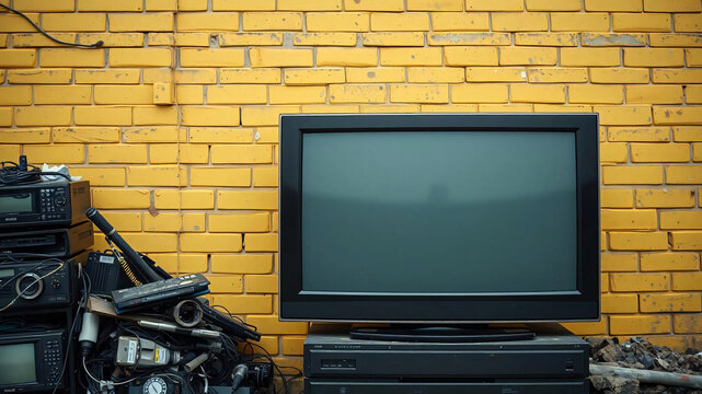 An old black flat screen plasma TV was left standing next to a yellow brick wall. On the side there was some old electronic garbage,