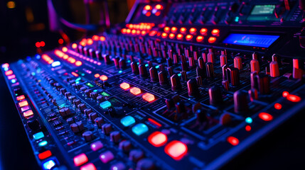 Sound Amplifier connect to microphone and mixer in the Recording Studio Background with Copy space