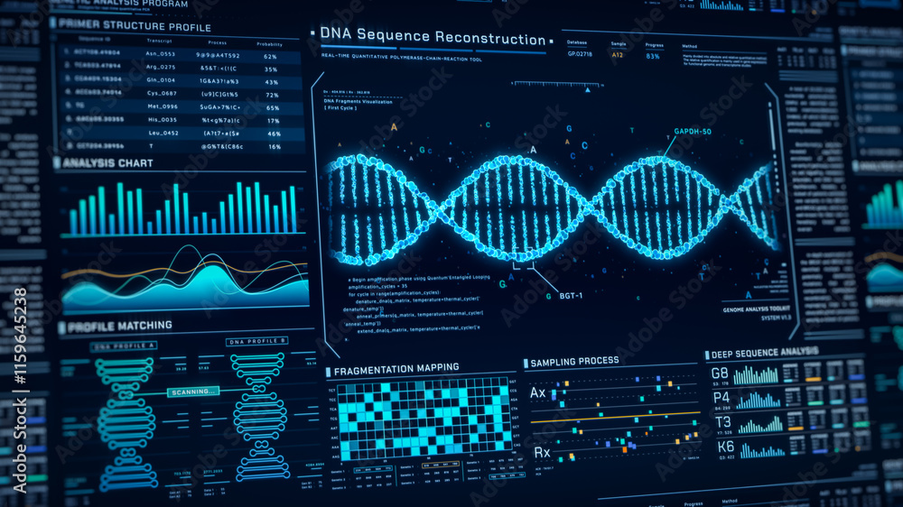 Poster dna helix analysis visualization data, genome sequence ui screen, futuristic genetic engineering lab