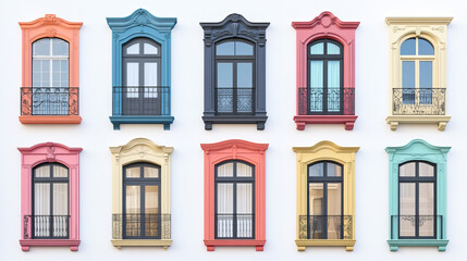 Fototapeta premium Real modern office window and door frame set isolated on white background, double pvc panes in various type for interior design frontstore element