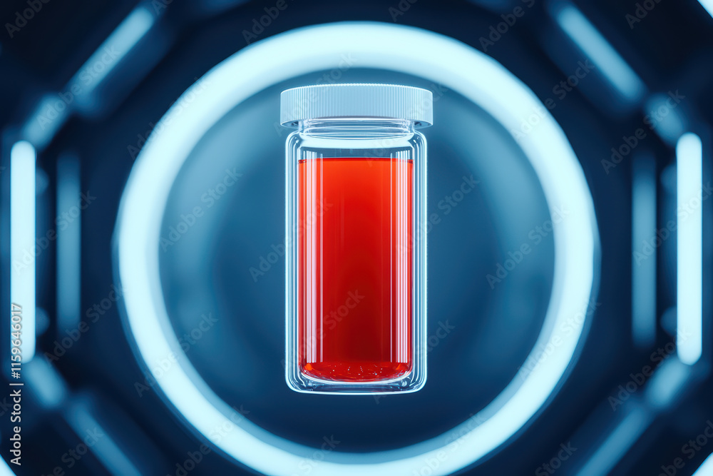 Poster close up of laboratory vial containing red liquid, illuminated in futuristic setting. vibrant color 