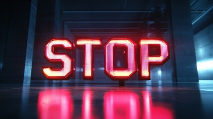 Glowing red STOP sign in futuristic corridor.