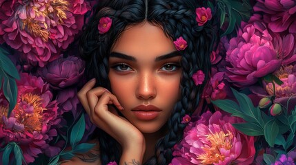 Naklejka premium Woman with Braids Surrounded by Pink Peonies