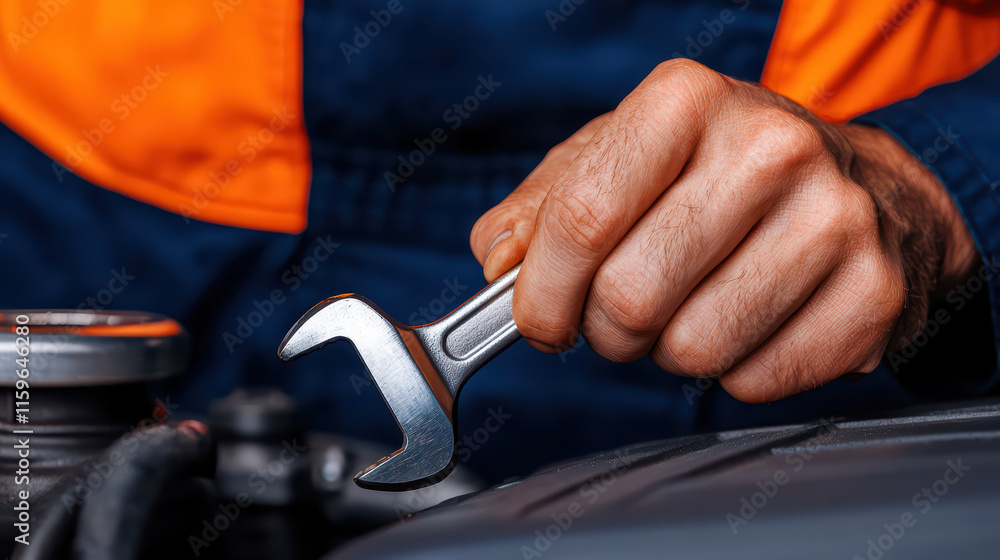 Poster close up of mechanic hand gripping wrench while working on engine, showcasing precision and focus in