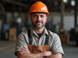 Waist up portrait of smiling mature man as factory worker wearing hardhat and looking at camera standing with arms crossed in factory warehouse