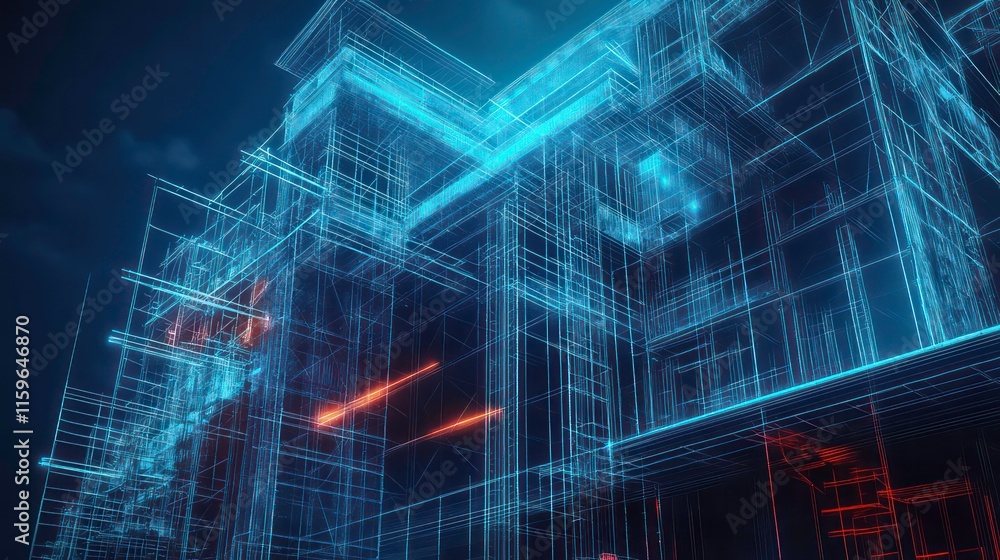 Poster Wireframe rendering of a modern building design, showcasing architectural details and construction plans in vibrant blue and orange hues against a dark background.