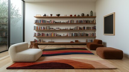 Modern minimalist living room interior design with wooden shelf displaying colorful books, cozy seating, and artistic rugs in a spacious and bright environment