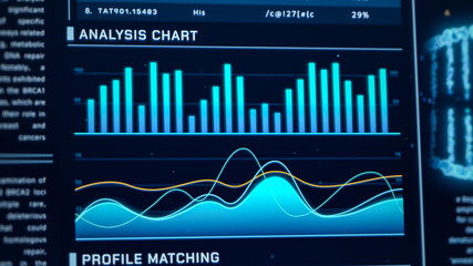Closeup blue biotechnology analysis graph, health data visualization infographic interface, digital healthcare report dashboard design, 3D medical science technology lab screen