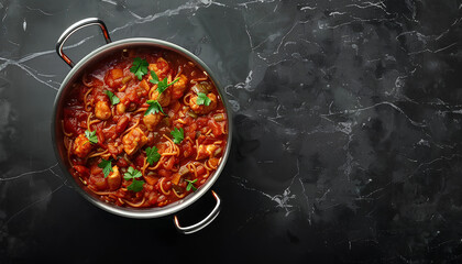 Pasta spaghetti in tomato sauce with chicken, parsley in a saucepan. Chicken spaghetti macaroni on black stone background with copy space, italian food