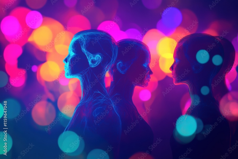Poster abstract faceless avatars in vibrant colors with copy space for design and text placement. generativ