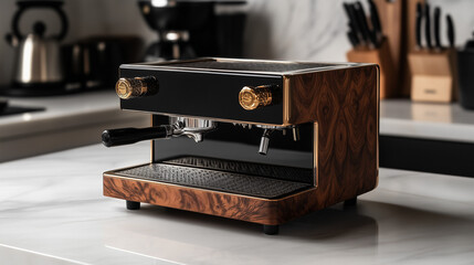 Vintage-style luxury coffee maker with mahogany wood finish and gold accents, set in a modern kitchen, product image.