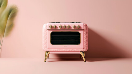 Fototapeta premium Pastel luxury stove with quilted design and gold accents, featuring a soft pink and rose gold palette, studio-quality product image.