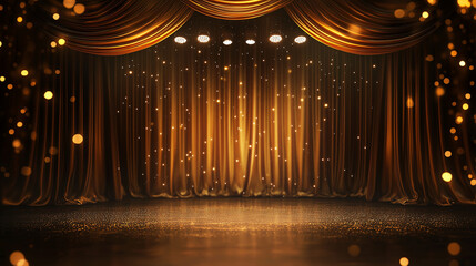  luxurious golden stage with shimmering velvet curtains, spotlight accents, and sparkling lights creating an atmosphere of elegance and celebration. Copy space. Generative AI