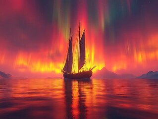 Fototapeta premium Sailing Vessel Underneath Vibrant Aurora Borealis
